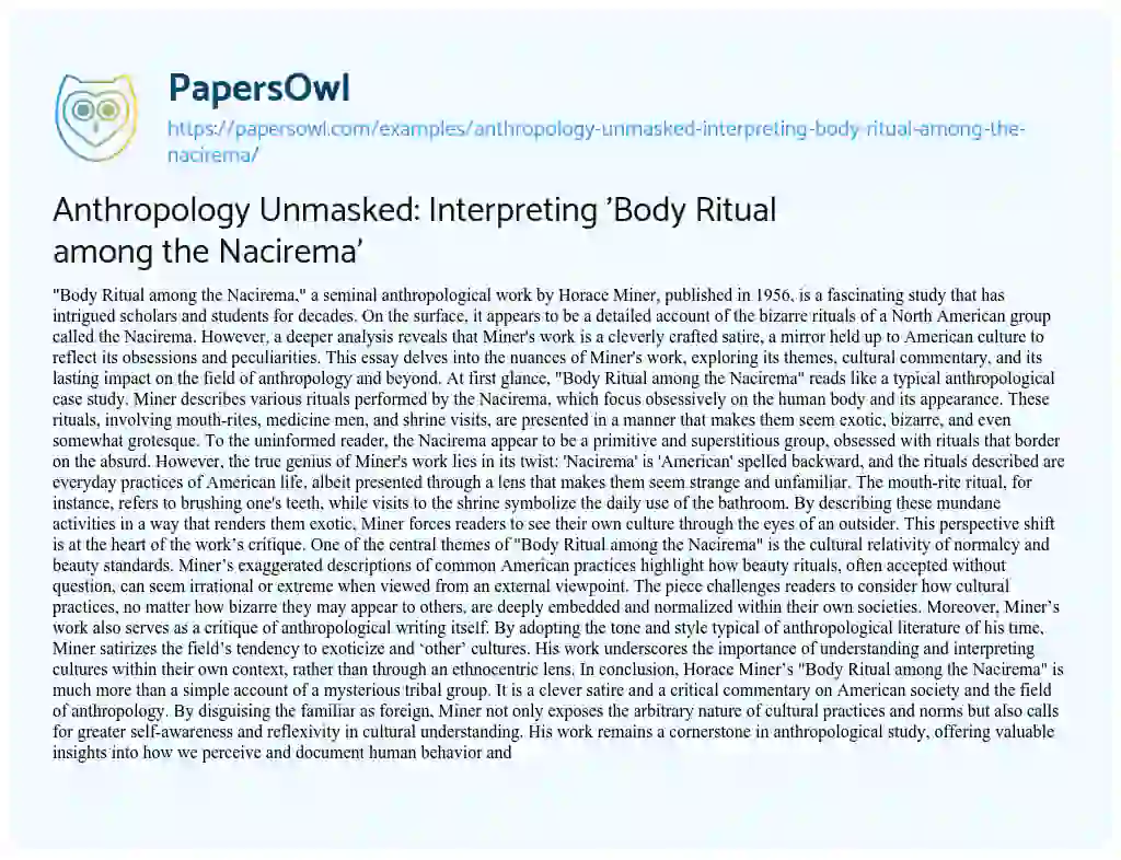 Essay on Anthropology Unmasked: Interpreting ‘Body Ritual Among the Nacirema’