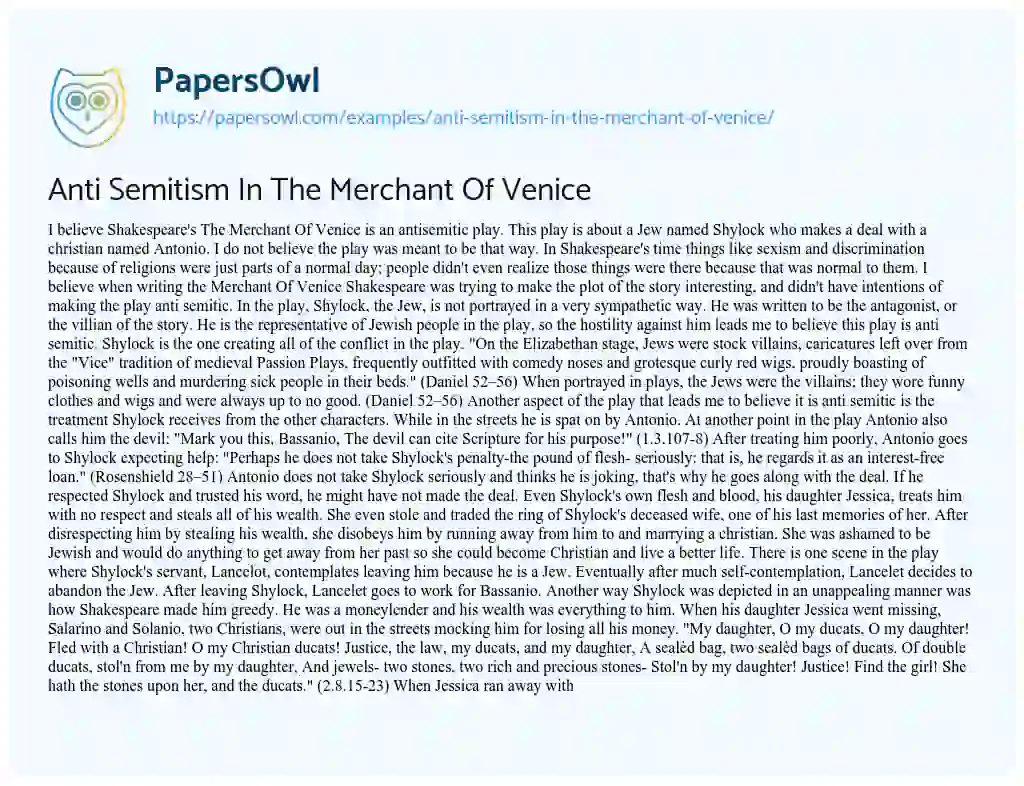 Essay on Anti Semitism in the Merchant of Venice