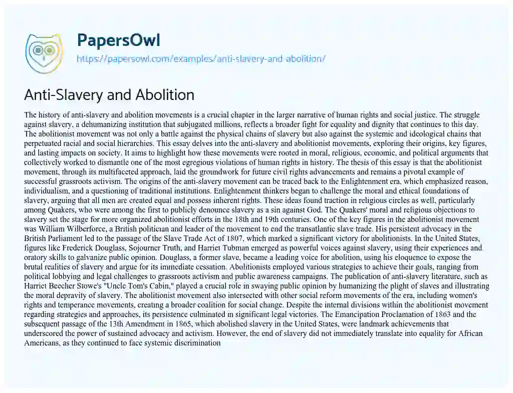Essay on Anti-Slavery and Abolition
