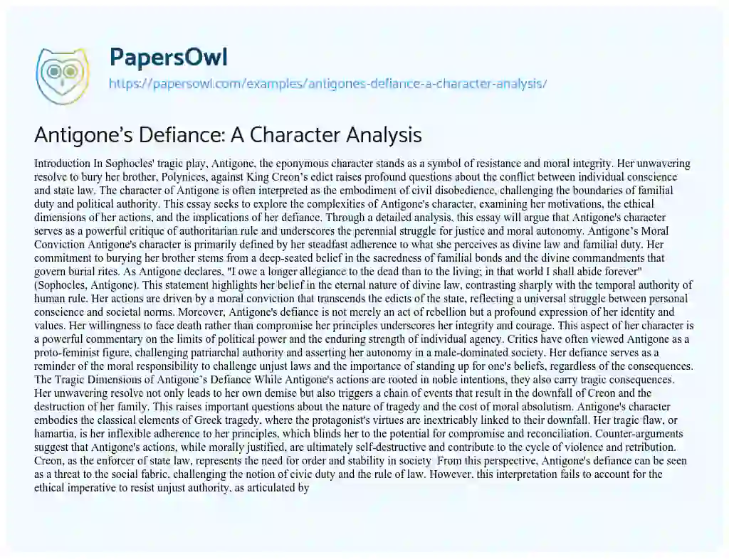 Essay on Antigone’s Defiance: A Character Analysis