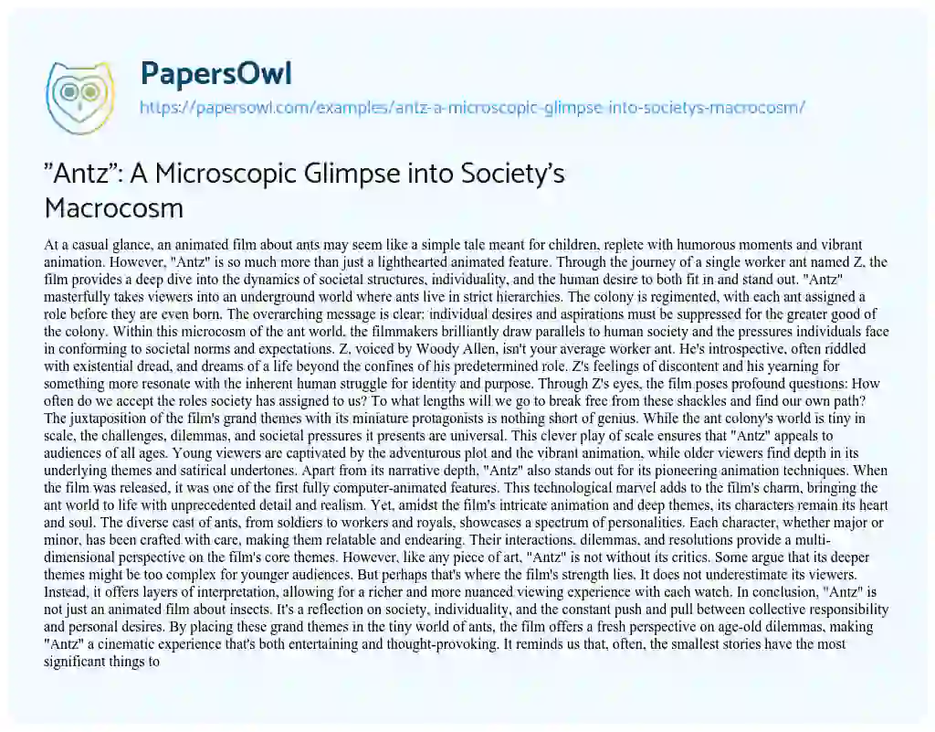 Essay on “Antz”: a Microscopic Glimpse into Society’s Macrocosm
