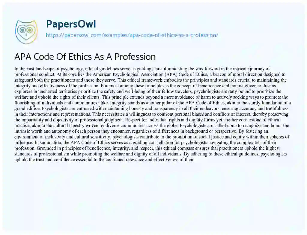Essay on APA Code of Ethics as a Profession