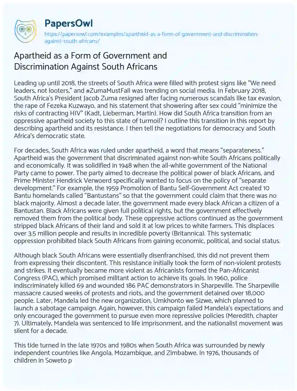 Essay on Apartheid as a Form of Government and Discrimination against South Africans