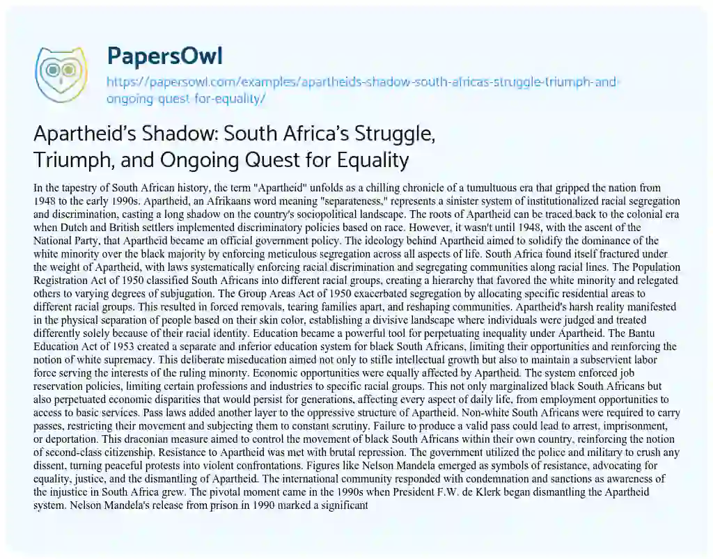 Essay on Apartheid’s Shadow: South Africa’s Struggle, Triumph, and Ongoing Quest for Equality