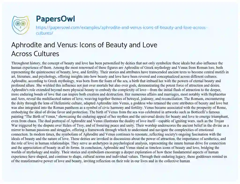 Essay on Aphrodite and Venus: Icons of Beauty and Love Across Cultures
