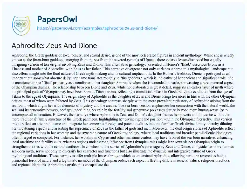 Essay on Aphrodite: Zeus And Dione