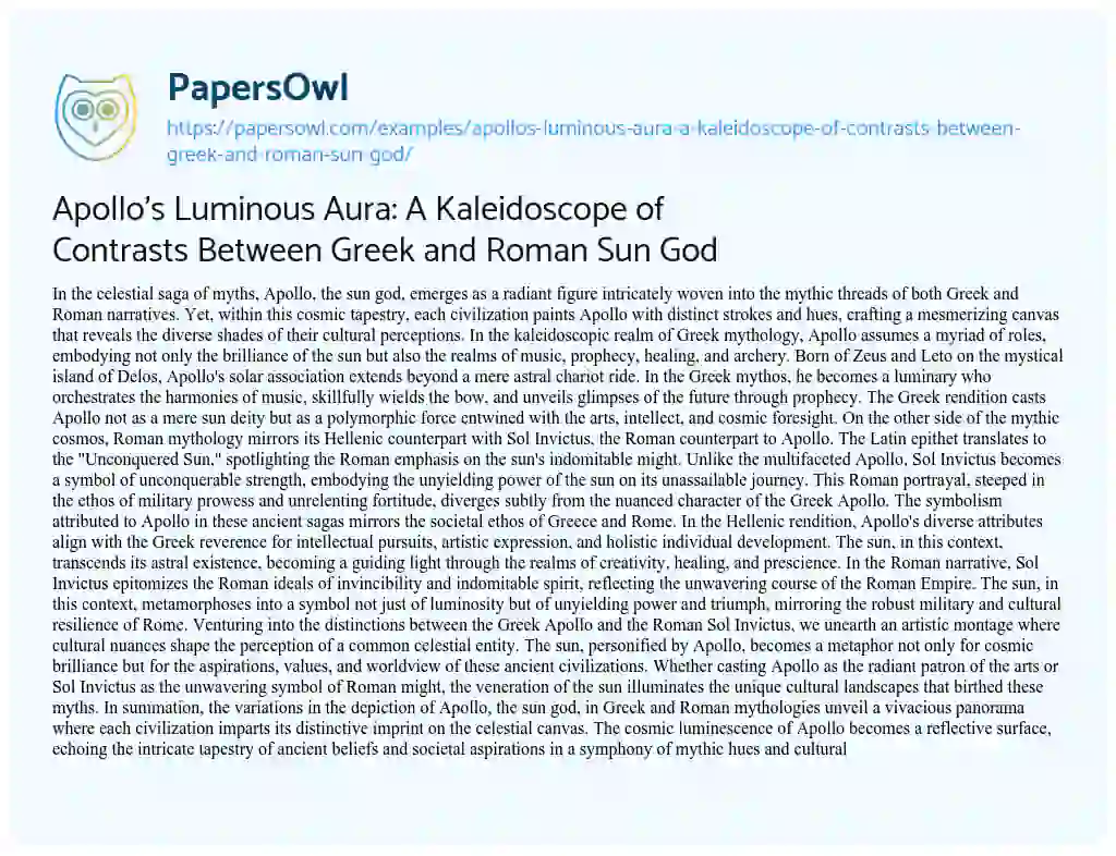 Essay on Apollo’s Luminous Aura: a Kaleidoscope of Contrasts between Greek and Roman Sun God