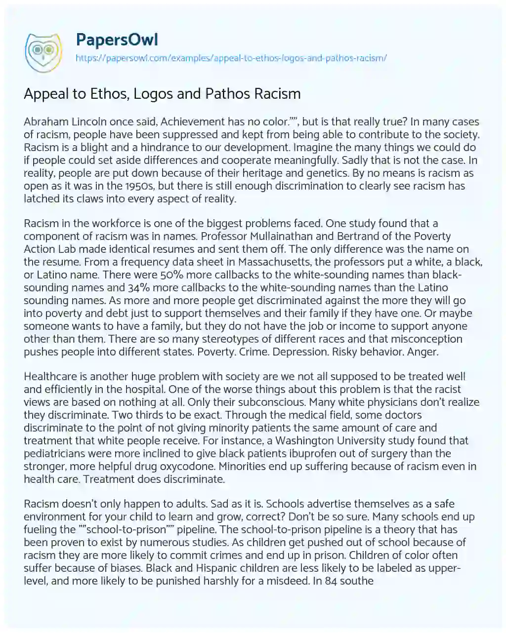Essay on Appeal to Ethos, Logos and Pathos Racism