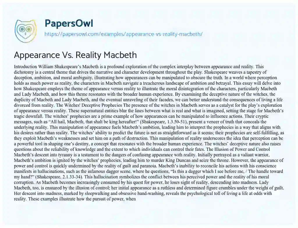 Essay on Appearance Vs. Reality Macbeth