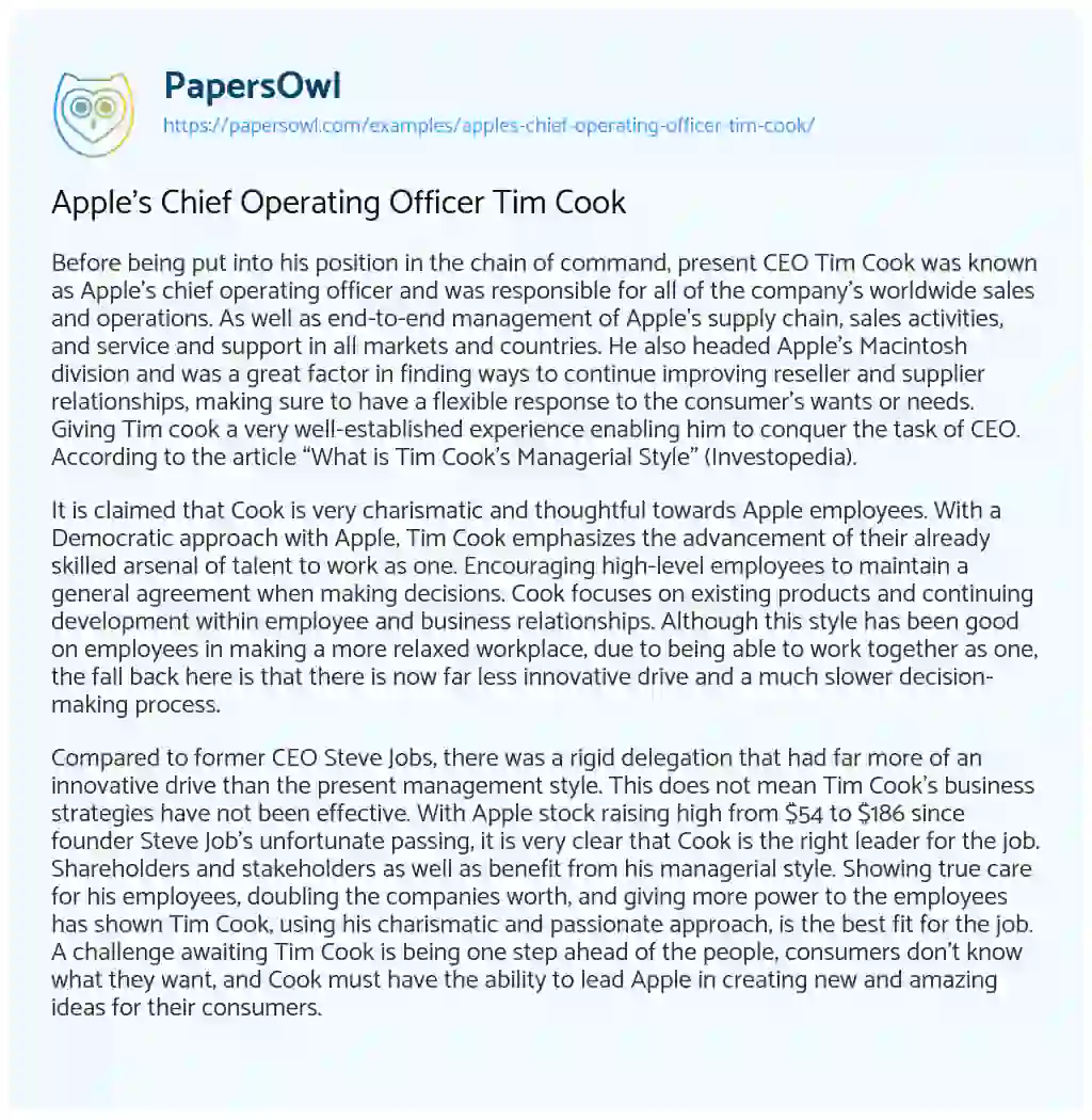 Apple’s Chief Operating Officer Tim Cook essay