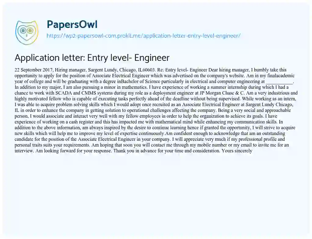 Essay on Application Letter: Entry Level- Engineer