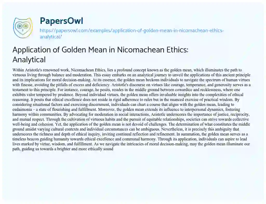 Essay on Application of Golden Mean in Nicomachean Ethics: Analytical