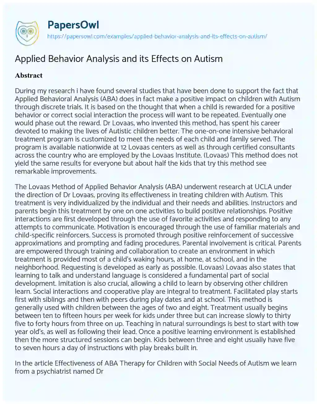 Essay on Applied Behavior Analysis and its Effects on Autism