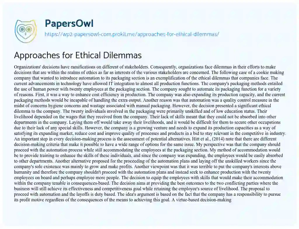 Essay on Approaches for Ethical Dilemmas