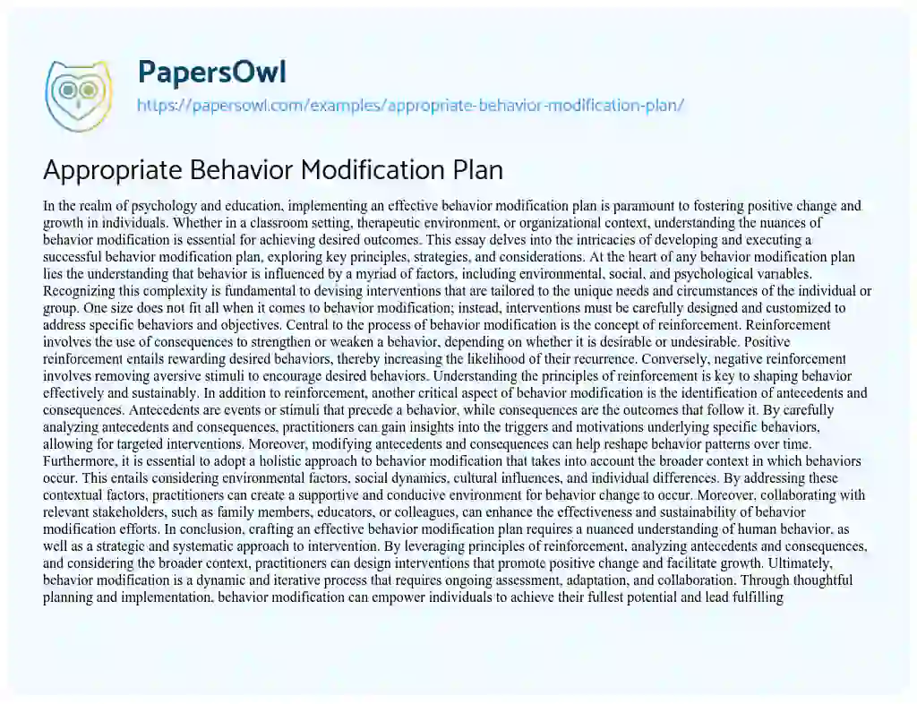 Essay on Appropriate Behavior Modification Plan