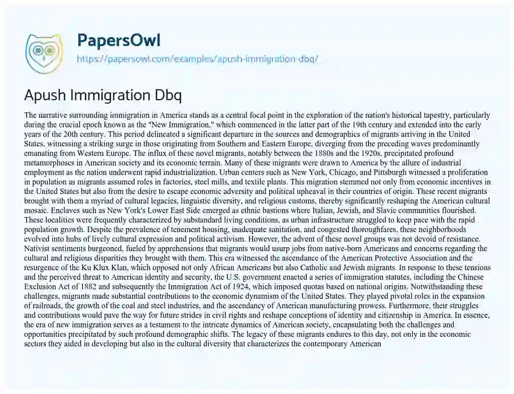 Essay on Apush Immigration Dbq
