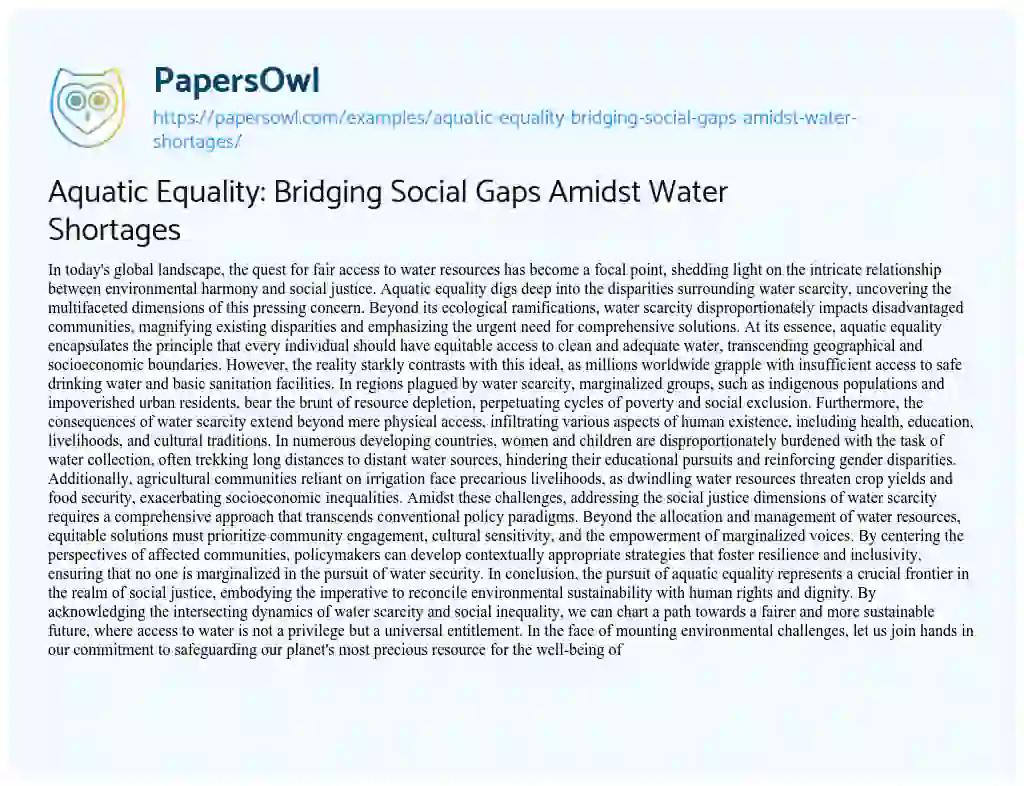 Essay on Aquatic Equality: Bridging Social Gaps Amidst Water Shortages