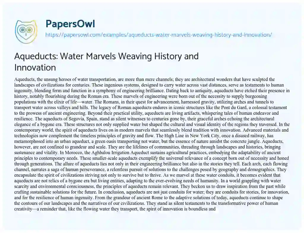 Essay on Aqueducts: Water Marvels Weaving History and Innovation