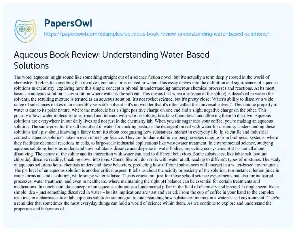 Essay on Aqueous Book Review: Understanding Water-Based Solutions