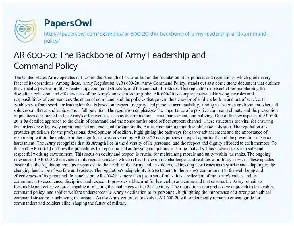 Essay on AR 600-20: the Backbone of Army Leadership and Command Policy