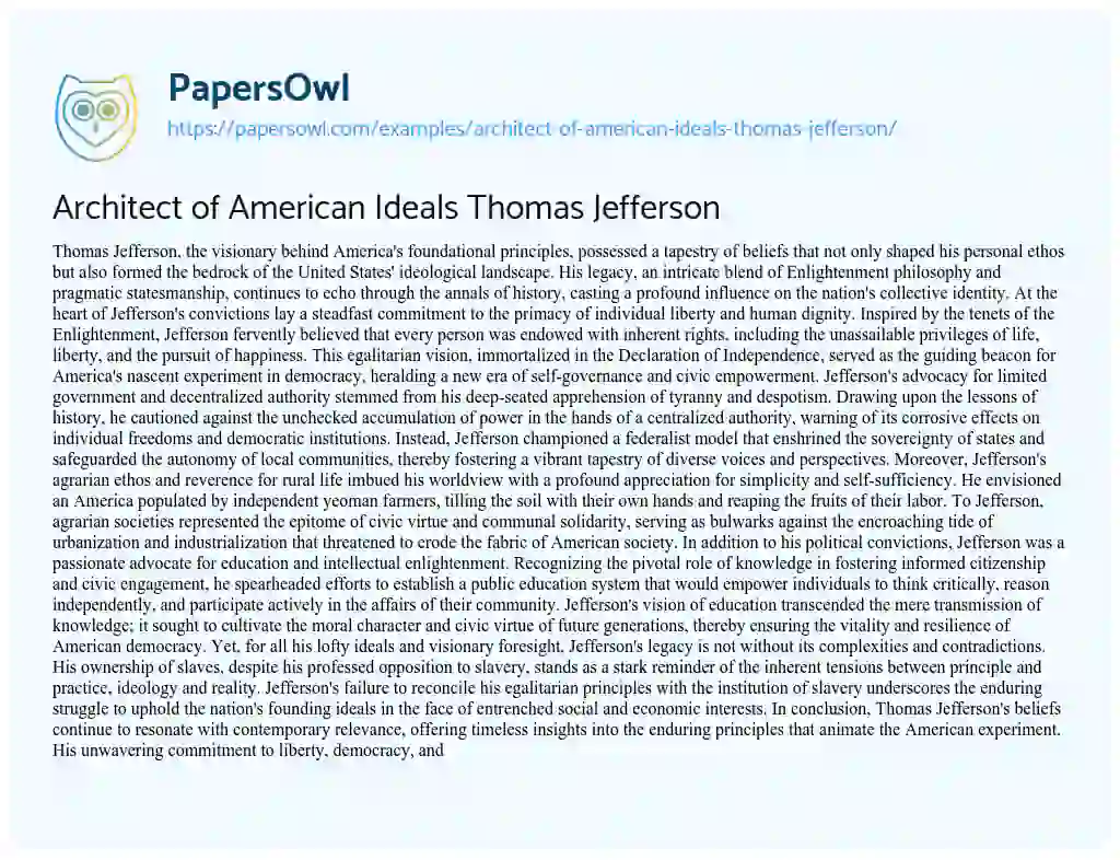 Essay on Architect of American Ideals Thomas Jefferson