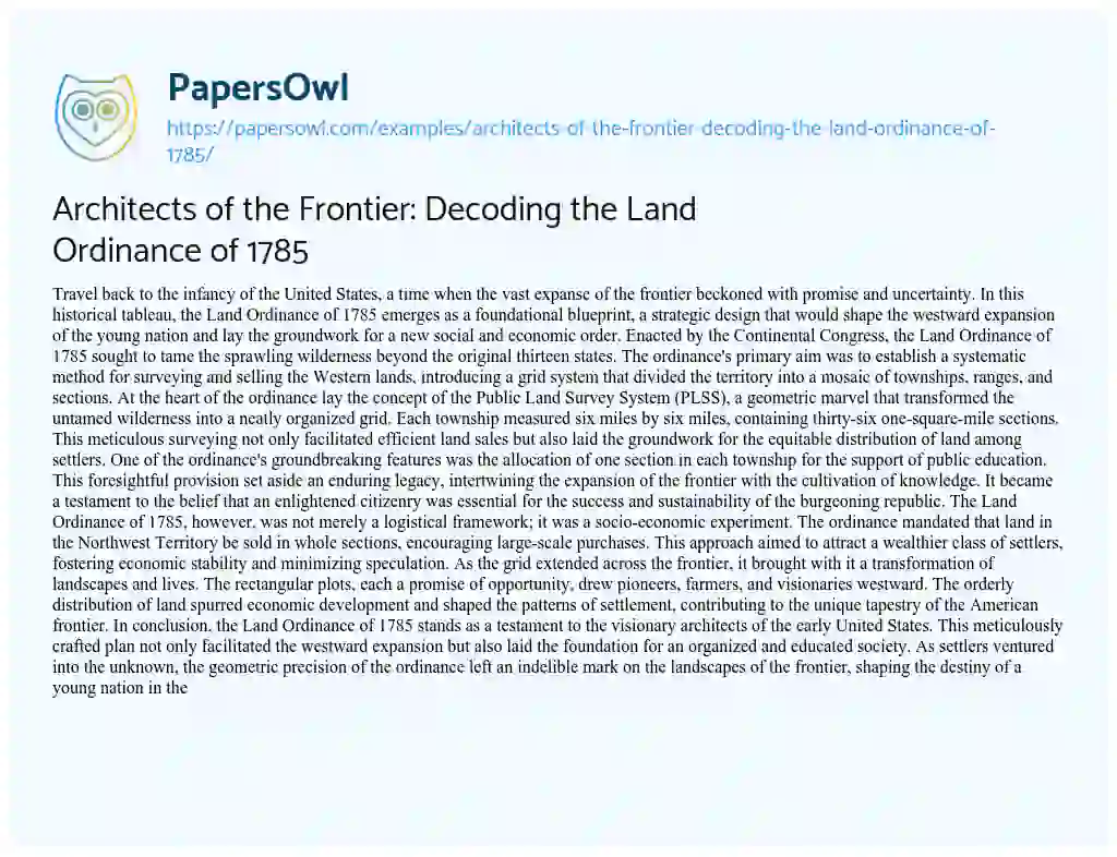 Essay on Architects of the Frontier: Decoding the Land Ordinance of 1785