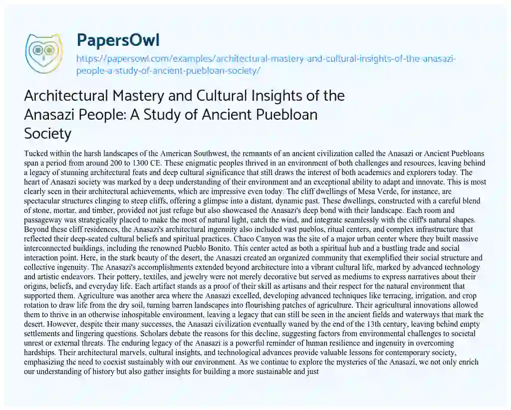Essay on Architectural Mastery and Cultural Insights of the Anasazi People: a Study of Ancient Puebloan Society