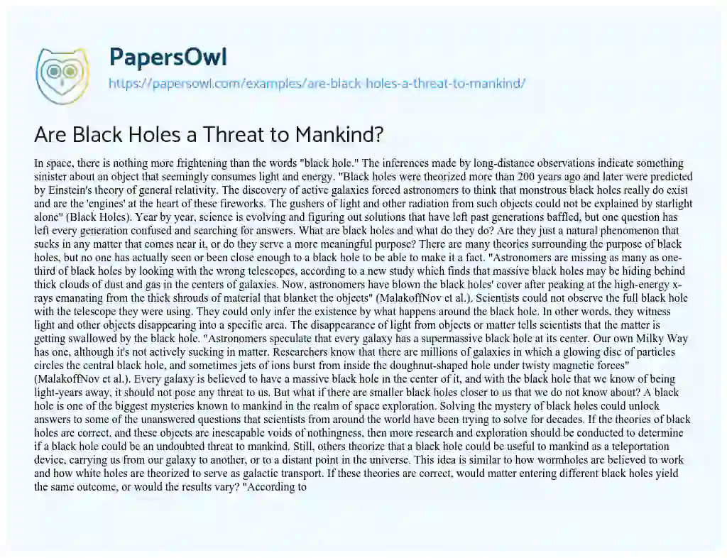 Essay on Are Black Holes a Threat to Mankind?