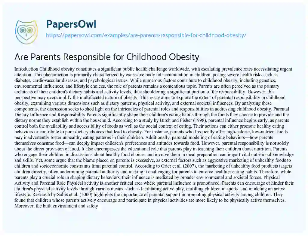 Essay on Are Parents Responsible for Childhood Obesity