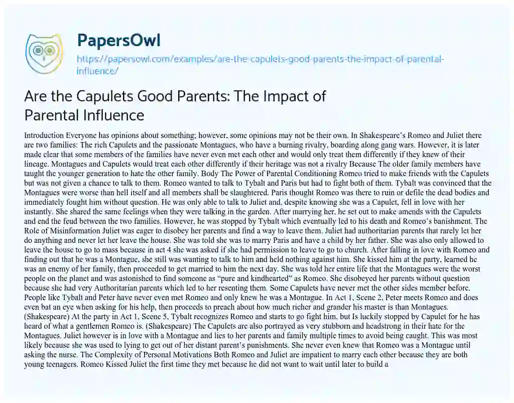 Essay on Are the Capulets Good Parents: the Impact of Parental Influence