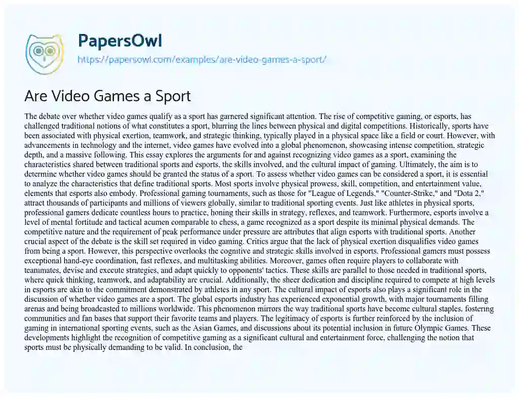 Essay on Are Video Games a Sport