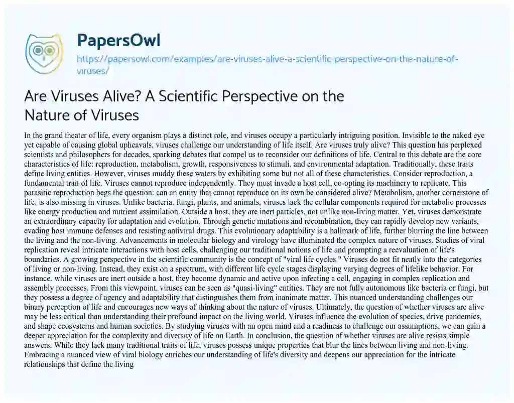 Essay on Are Viruses Alive? a Scientific Perspective on the Nature of Viruses