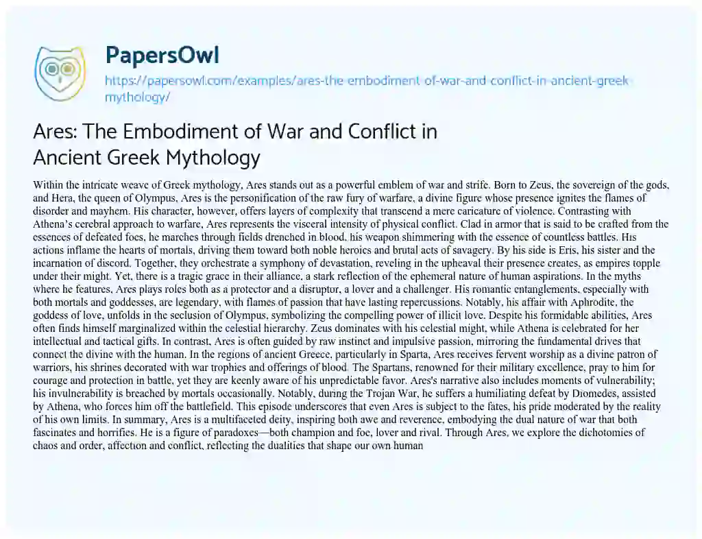 Essay on Ares: the Embodiment of War and Conflict in Ancient Greek Mythology