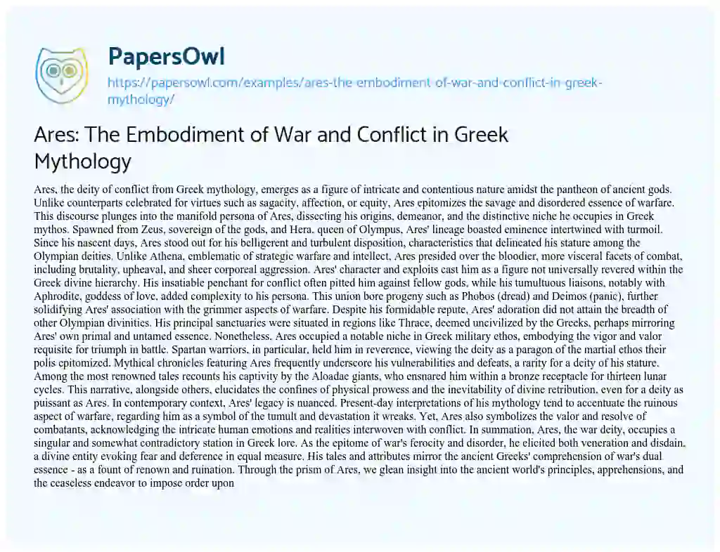 Essay on Ares: the Embodiment of War and Conflict in Greek Mythology