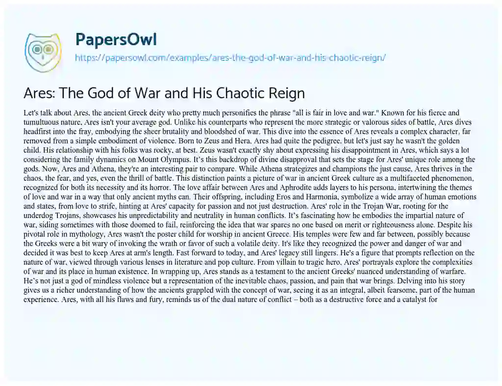 Essay on Ares: the God of War and his Chaotic Reign