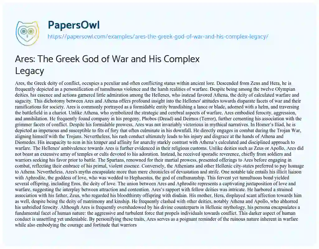 Essay on Ares: the Greek God of War and his Complex Legacy