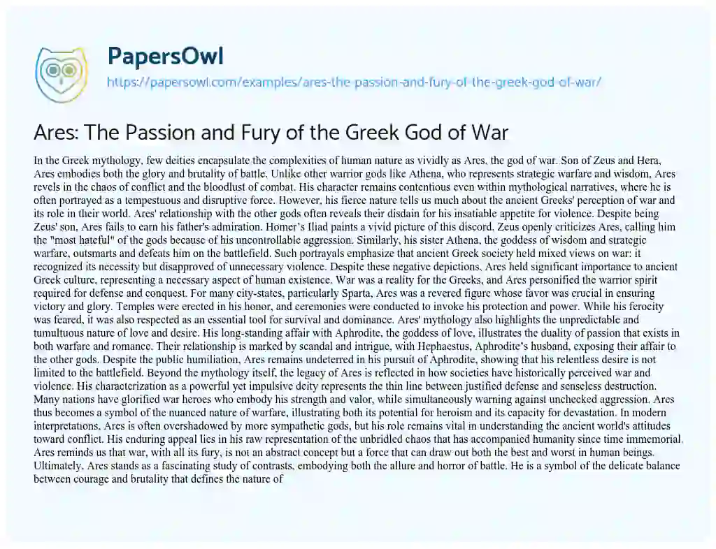 Essay on Ares: The Passion and Fury of the Greek God of War