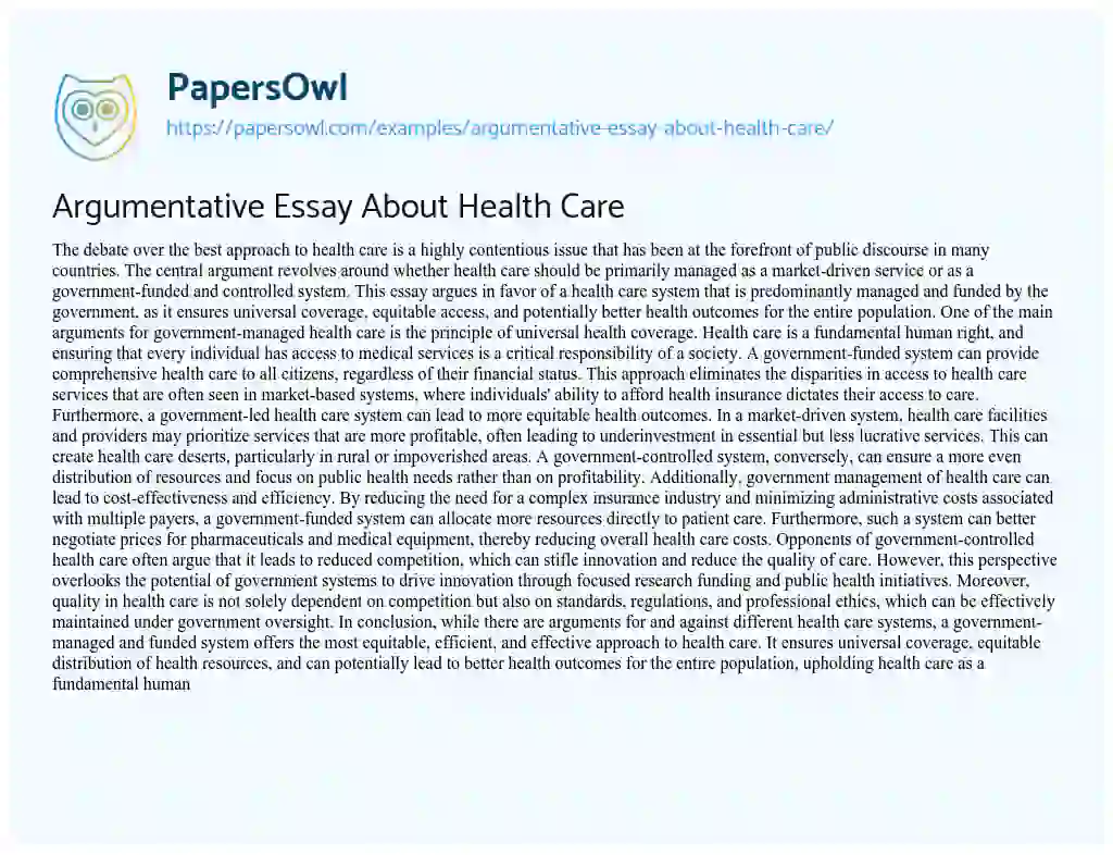Essay on Argumentative Essay about Health Care