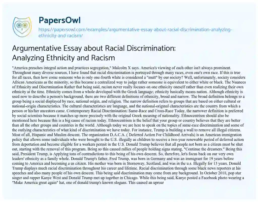 Essay on Argumentative Essay about Racial Discrimination: Analyzing Ethnicity and Racism