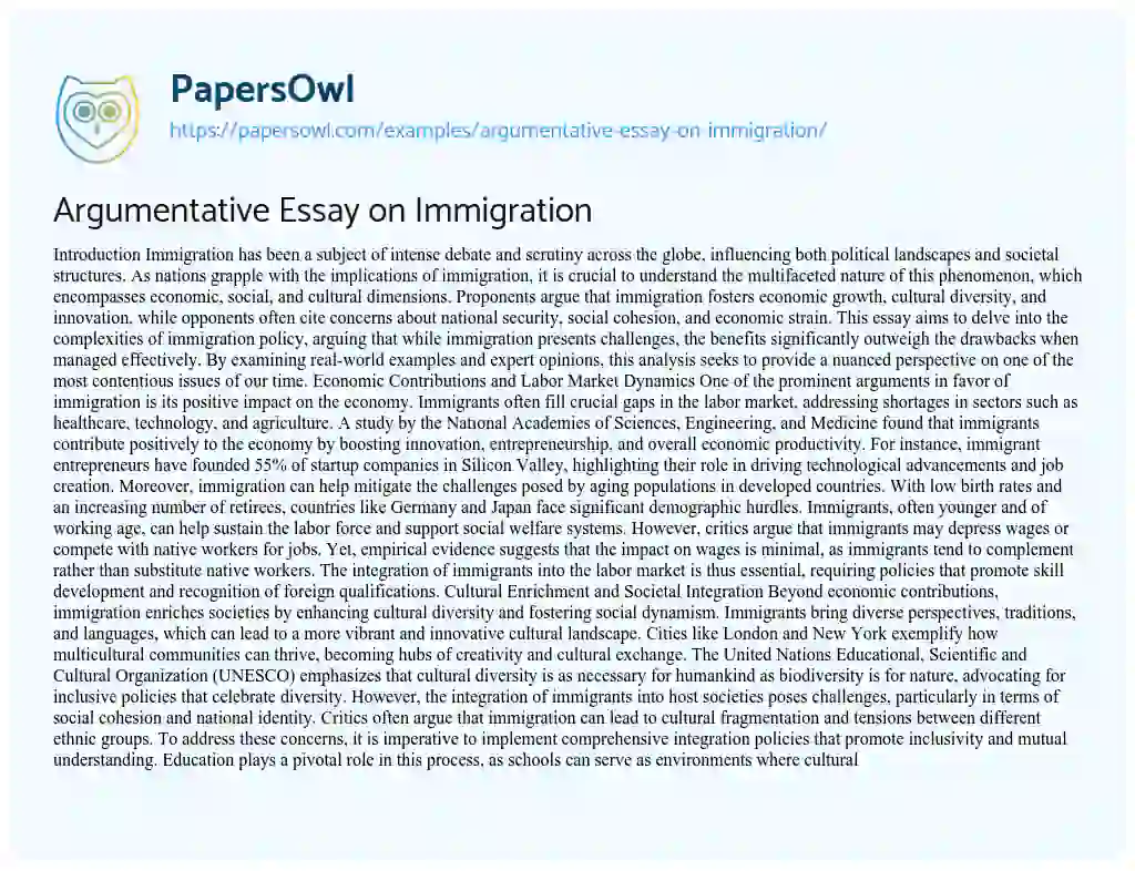 Essay on Argumentative Essay on Immigration