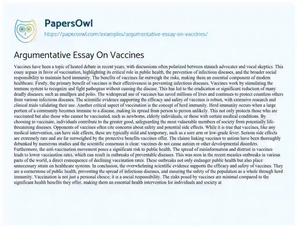 Essay on Argumentative Essay on Vaccines