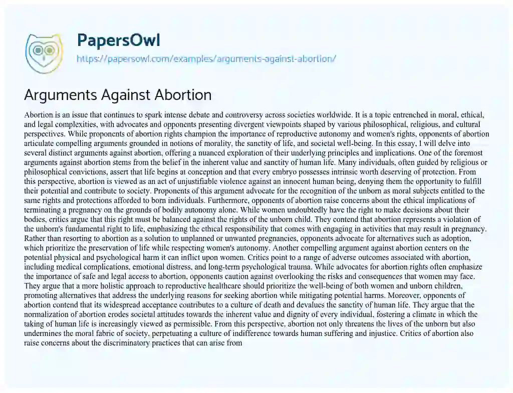 Essay on Arguments against Abortion