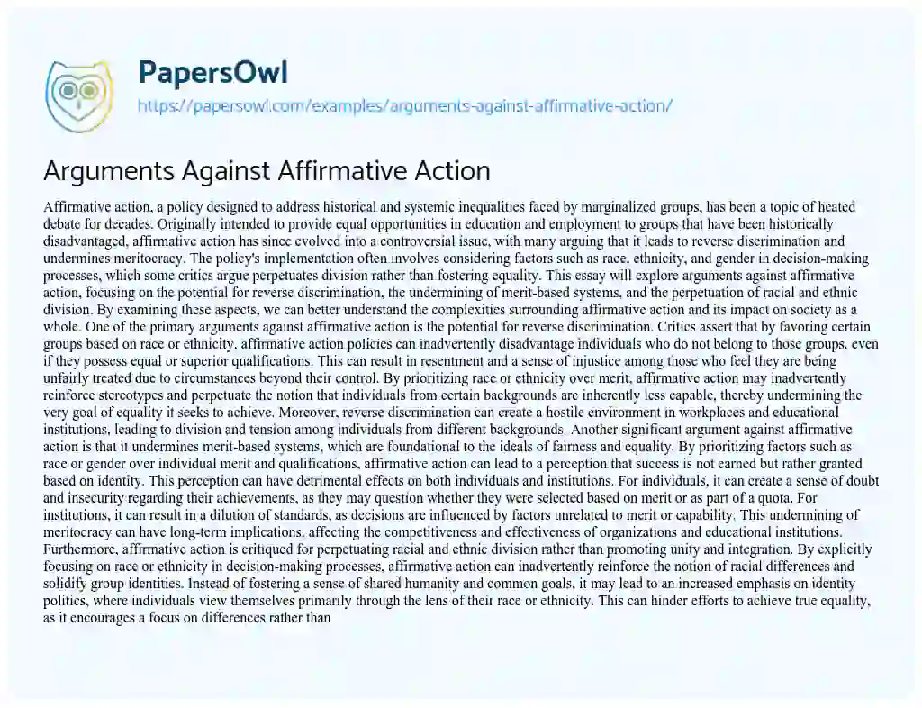 Essay on Arguments Against Affirmative Action
