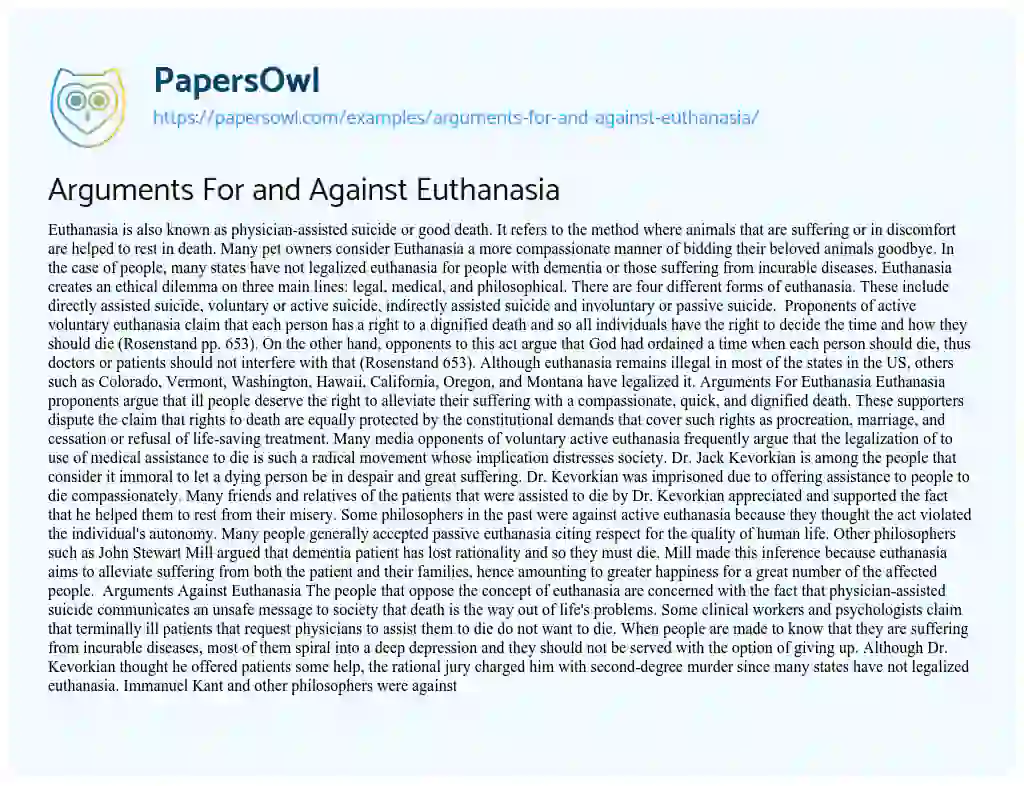 Essay on Arguments for and against Euthanasia