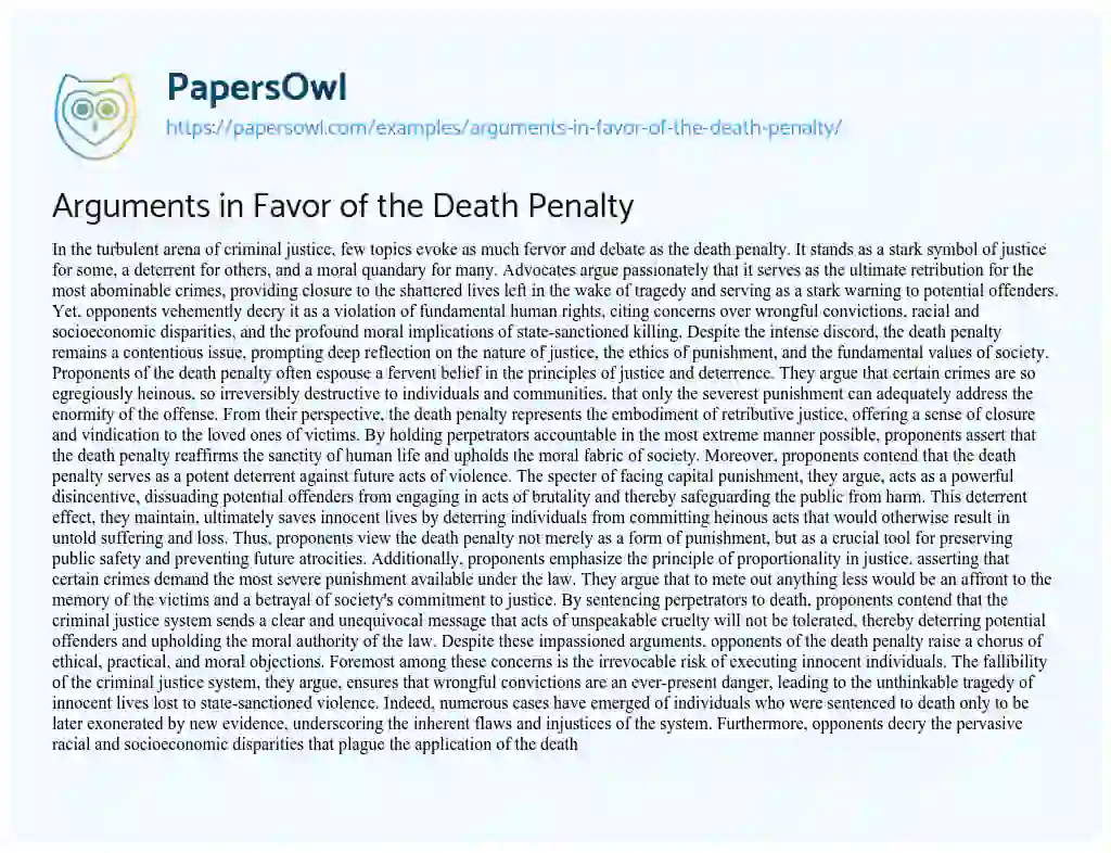 Essay on Arguments in Favor of the Death Penalty