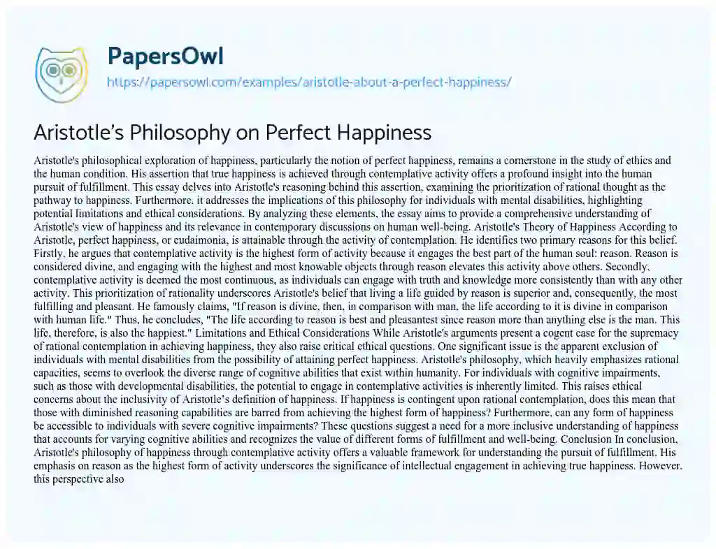 Essay on Aristotle about a Perfect Happiness