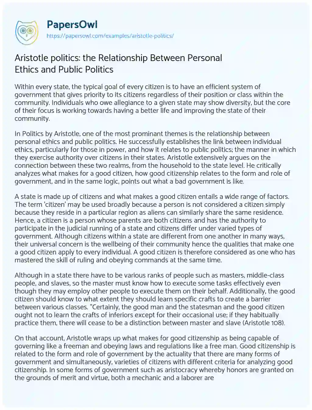 Essay on Aristotle Politics: the Relationship between Personal Ethics and Public Politics