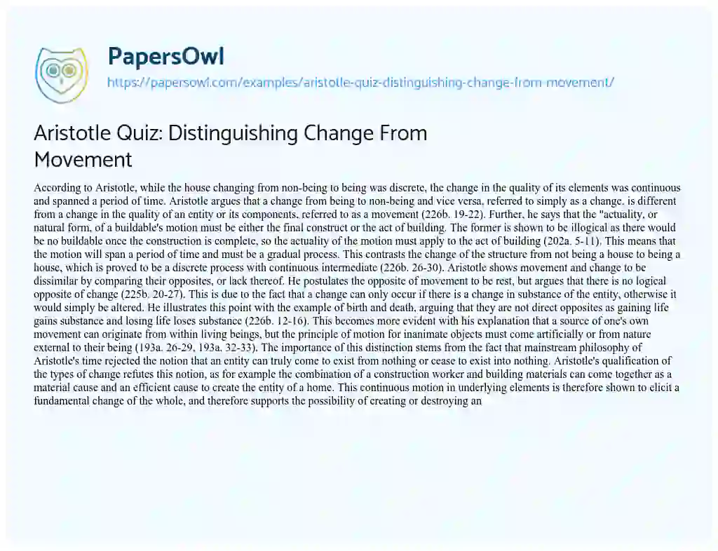 Essay on Aristotle Quiz: Distinguishing Change from Movement