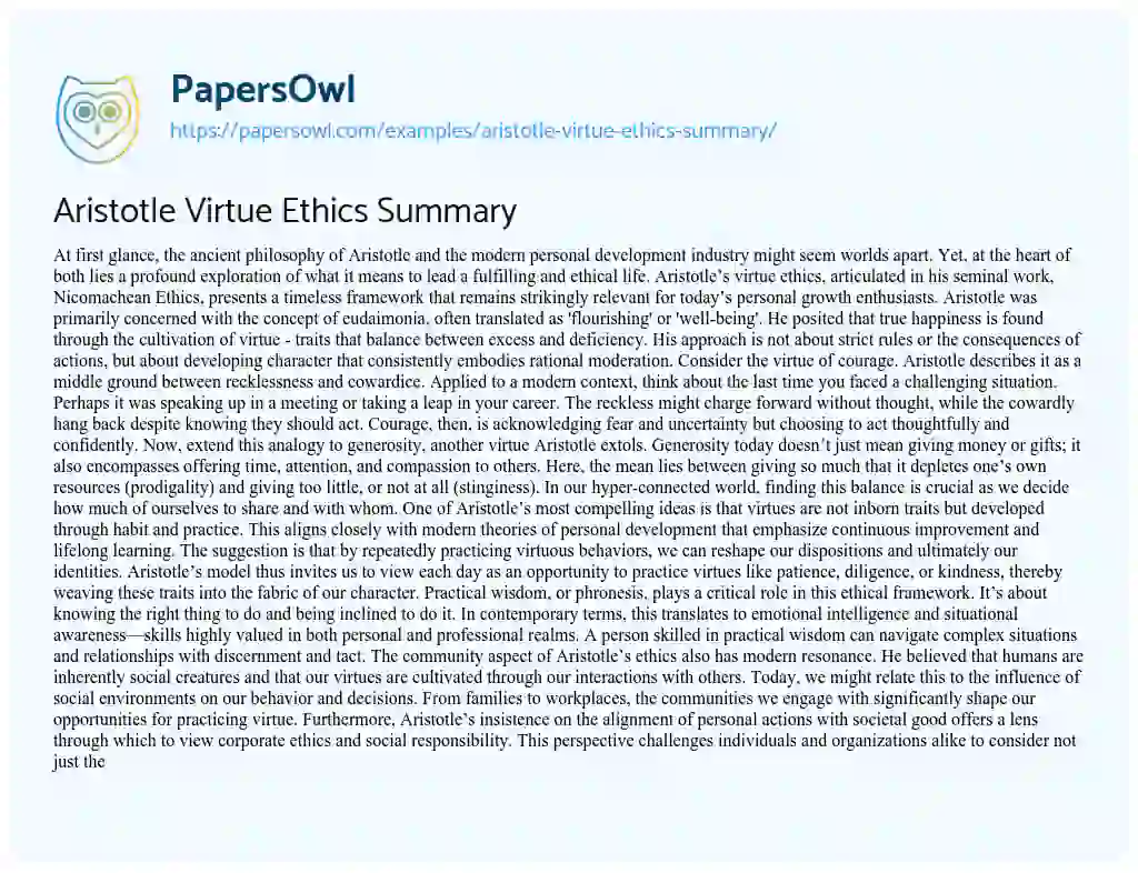 Essay on Aristotle Virtue Ethics Summary