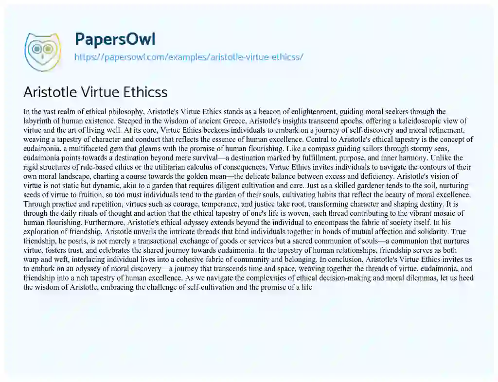 Essay on Aristotle Virtue Ethicss